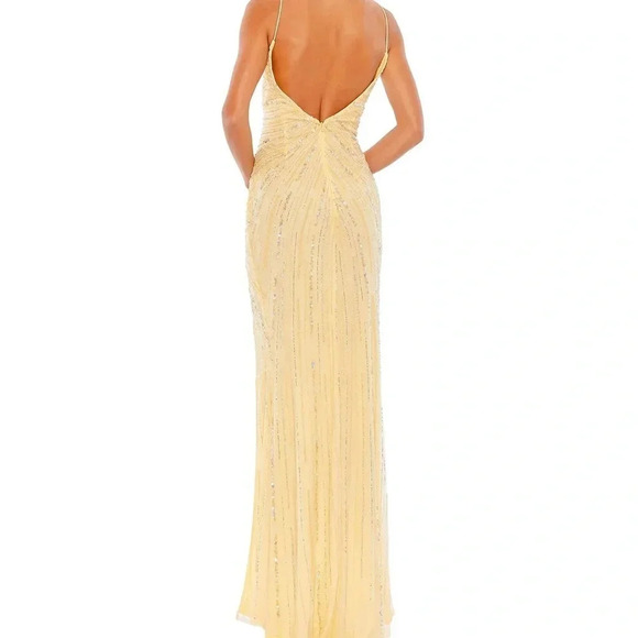 Mac Duggal Yellow Beaded Sequin Gown – Deep V Wrap Slit Formal Prom Dress NWOT - Picture 2 of 16